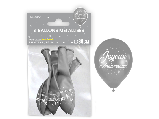 Sachet de 6 ballons métal argent - Tous les évènements de la vie : Joyeux anniversaire<br/>