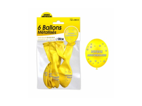 Sachet de 6 ballons métallisés joyeux anniversaire Jaune