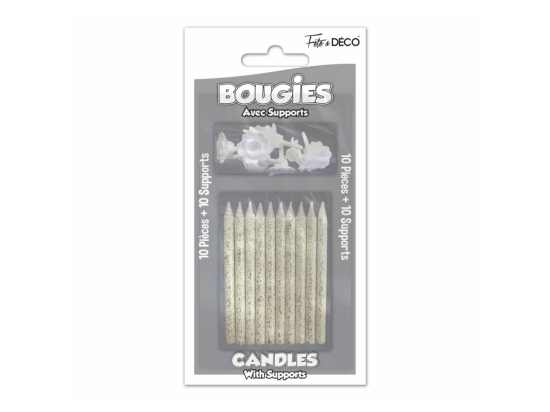 10 bougies pailletées avec supports Blanc Albâtre