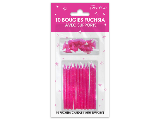 10 bougies pailletées avec supports - Couleur : Fuchsia