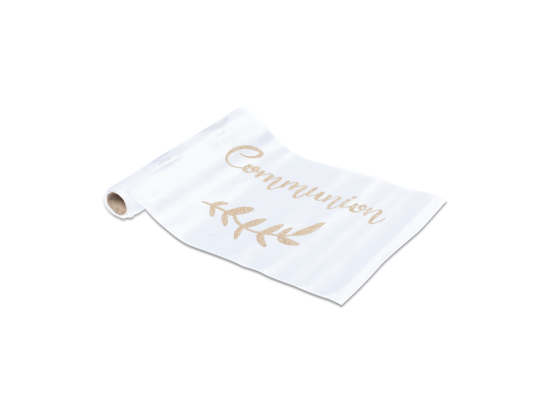 Chemin de table en satin "Communion" impression paillettes champagne