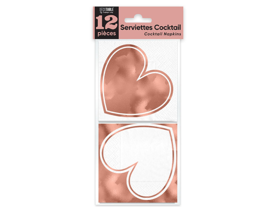 Serviettes Cocktail x12 Coeur Rose Gold