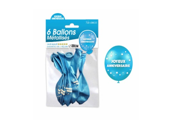 Sachet de 6 ballons métallisés joyeux anniversaire Bleu