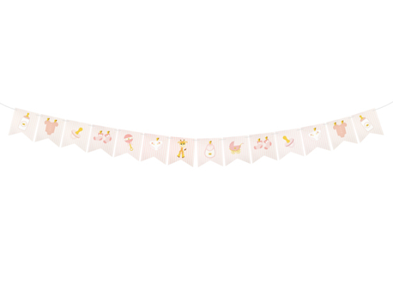 GUIRLANDE 14 FANIONS PAPIER BABY SHOWER RECTO-VERSO (5 m) ROSE