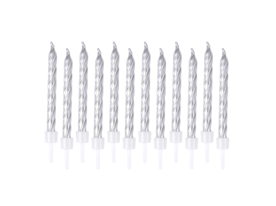 SET DE 12 BOUGIES METALLIQUE AVEC SUPPORT PLASTIQUE H6CM ARGENT