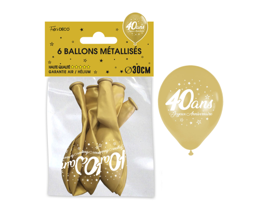 Sachet de 6 ballons métal OR - Tous les évènements de la vie : 40 ans