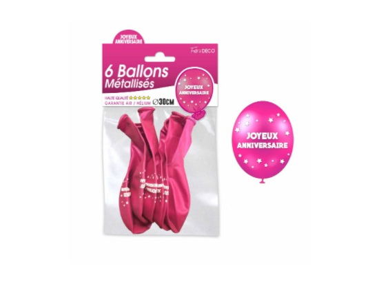 Sachet de 6 ballons métallisés joyeux anniversaire Fuchsia