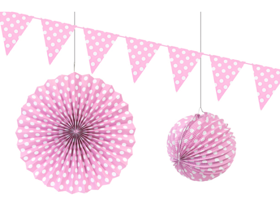 DECORATIONS PAPIER ASSORTIES POIS ( LAMPION, ROSACE ET GUIRLANDE DE 24 FANIONS) ROSE