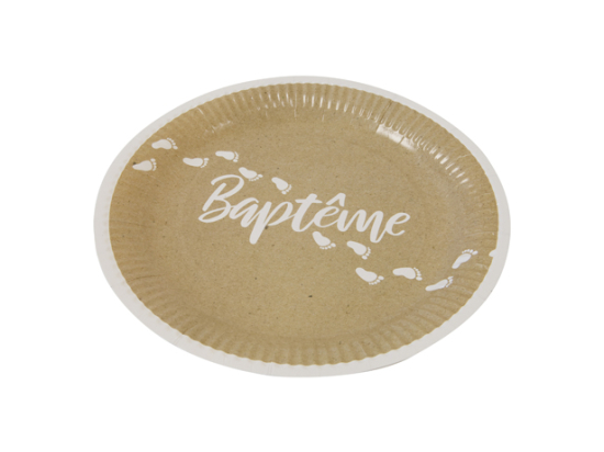 Assiette en carton "Baptême" effet kraft impression blanc