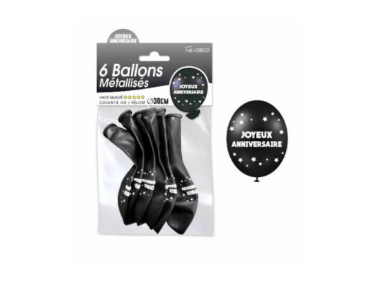 Sachet de 6 ballons métallisés joyeux anniversaire Noir