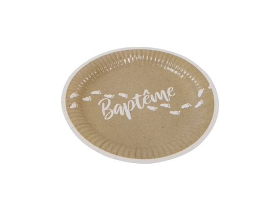 Assiette en carton "Baptême" effet kraft impression blanc