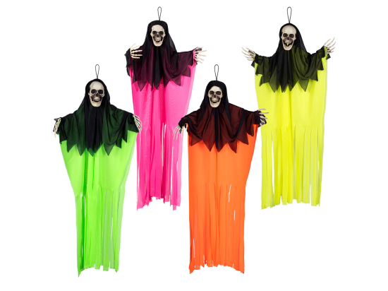 Pc. Décoration suspendue Fantôme tête de mort 4 couleurs fluo ass. (90 cm)