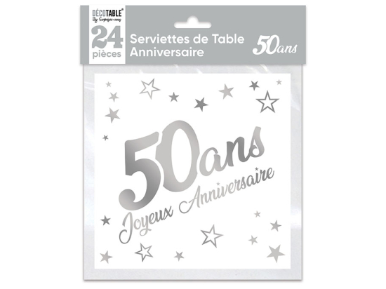 Serviettes de table x24 métallisée Argent - Tous les évènements de la vie : 50 ans