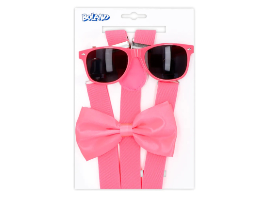 Set d'accessoires Neon rose (lunettes party, noeud papillon et bretelles)