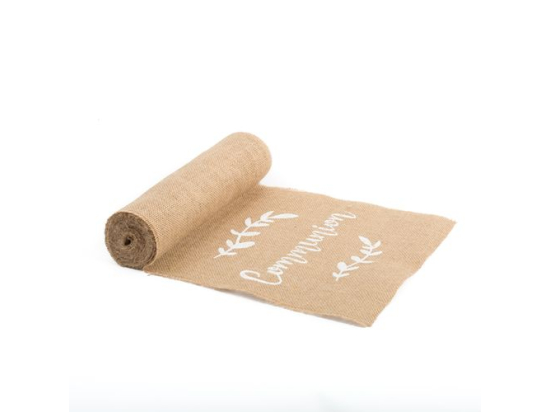 Chemin de table en jute "Communion" impression blanche