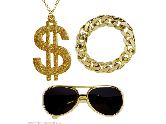 MAC (lunettes de soleil or, collier dollar or scintillant, bracelet or)