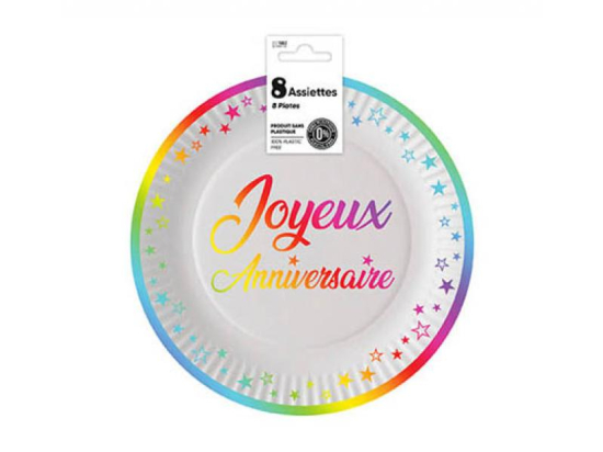 Assiettes x 8 anniversaire 18 cm multicolores