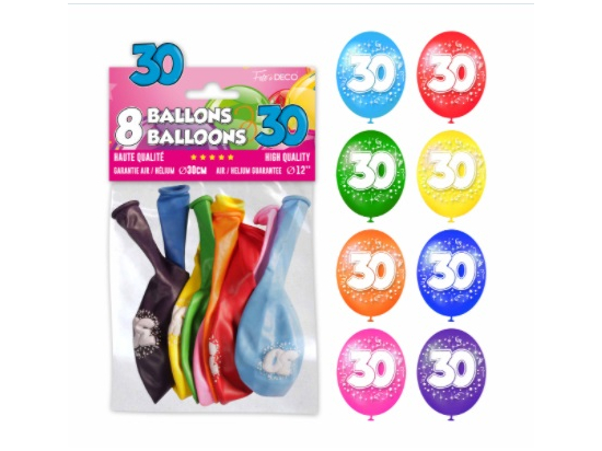 Sachet de 8 ballons latex chiffre 30