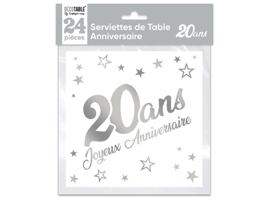 Serviettes de table x24 métallisée Argent - Tous les évènements de la vie : 20 ans