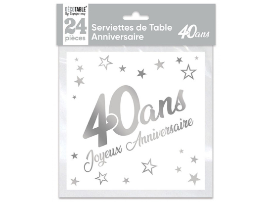 Serviettes de table x24 métallisée Argent - Tous les évènements de la vie : 40 ans