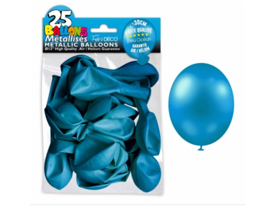 Sachet de 25 ballons latex métallisés Bleu Océan