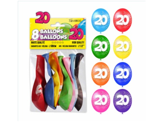 Sachet de 8 ballons latex chiffre 20