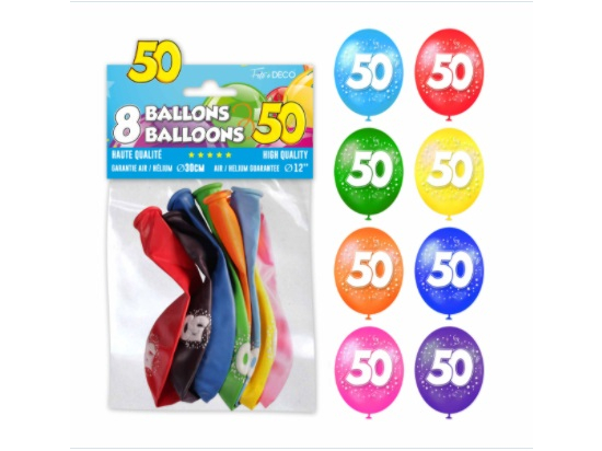 Sachet de 8 ballons latex chiffre 50