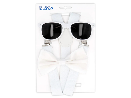 Set d'accessoires blanc (lunettes party, noeud papillon et bretelles)