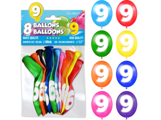 8 ballons de baudruche Chiffre - Tous les chiffres : 9