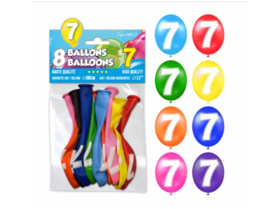 Sachet de 8 ballons latex chiffre 7