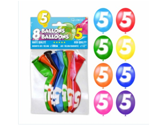 Sachet de 8 ballons latex chiffre 5