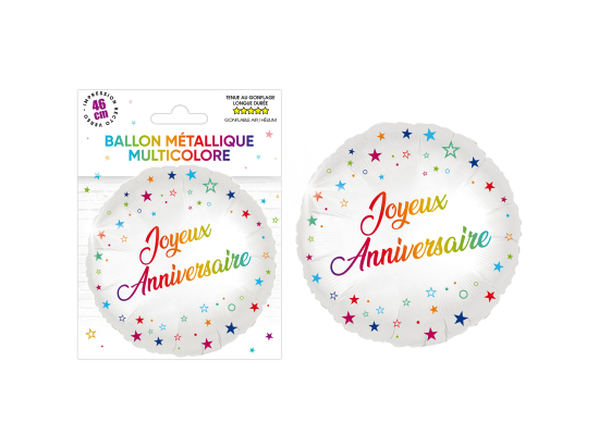 Ballon métallique rond Joyeux Anniversaire MULTICOLORE