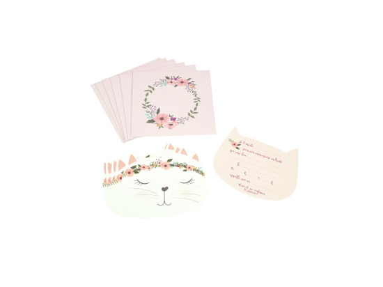 SET DE 6 INVITATIONS+ENVELOPPES ANNIVERSAIRE EN PAPIER BOHO CHAT