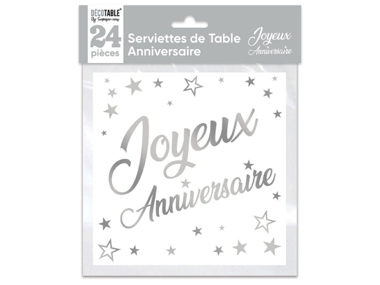 Serviettes de table x24 métallisée Argent : Joyeux anniversaire