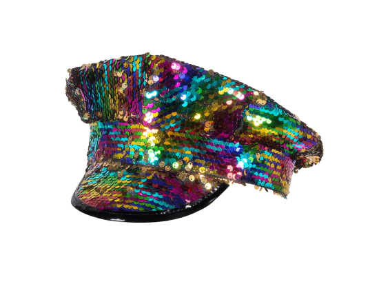 Pc. Casquette Capitaine Rainbow switch (paillettes réversibles arc-en-ciel/or)