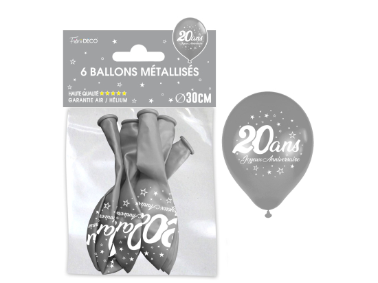 Sachet de 6 ballons métal argent - Tous les évènements de la vie : 20 ans