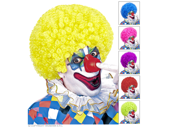 PERRUQUE CLOWN en sachet- 6 coul.: vert, jaune, pourpre, bleu, rose, rouge