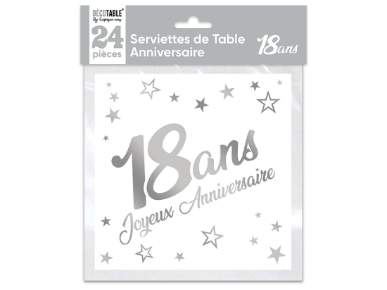 Serviettes de table x24 métallisée Argent - Tous les évènements de la vie : 18 ans