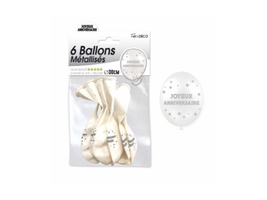 Sachet de 6 ballons métallisés joyeux anniversaire Blanc Albâtre