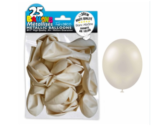 Sachet de 25 ballons latex métallisés Blanc Albâtre