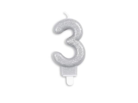 Number candle glitter silver nr. 3