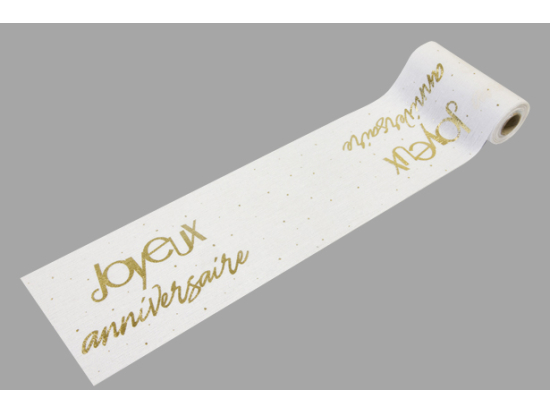 SUR CHEMIN DE TABLE TOILE IMPRESSION METAL JOYEUX ANNIVERSAIRE 14 cm / 4 m OR