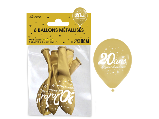 Sachet de 6 ballons métal OR - Tous les évènements de la vie : 20 ans