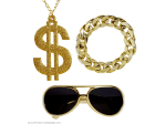 MAC (lunettes de soleil or, collier dollar or scintillant, bracelet or)