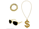 MAC (lunettes de soleil or, collier dollar or scintillant, bracelet or)